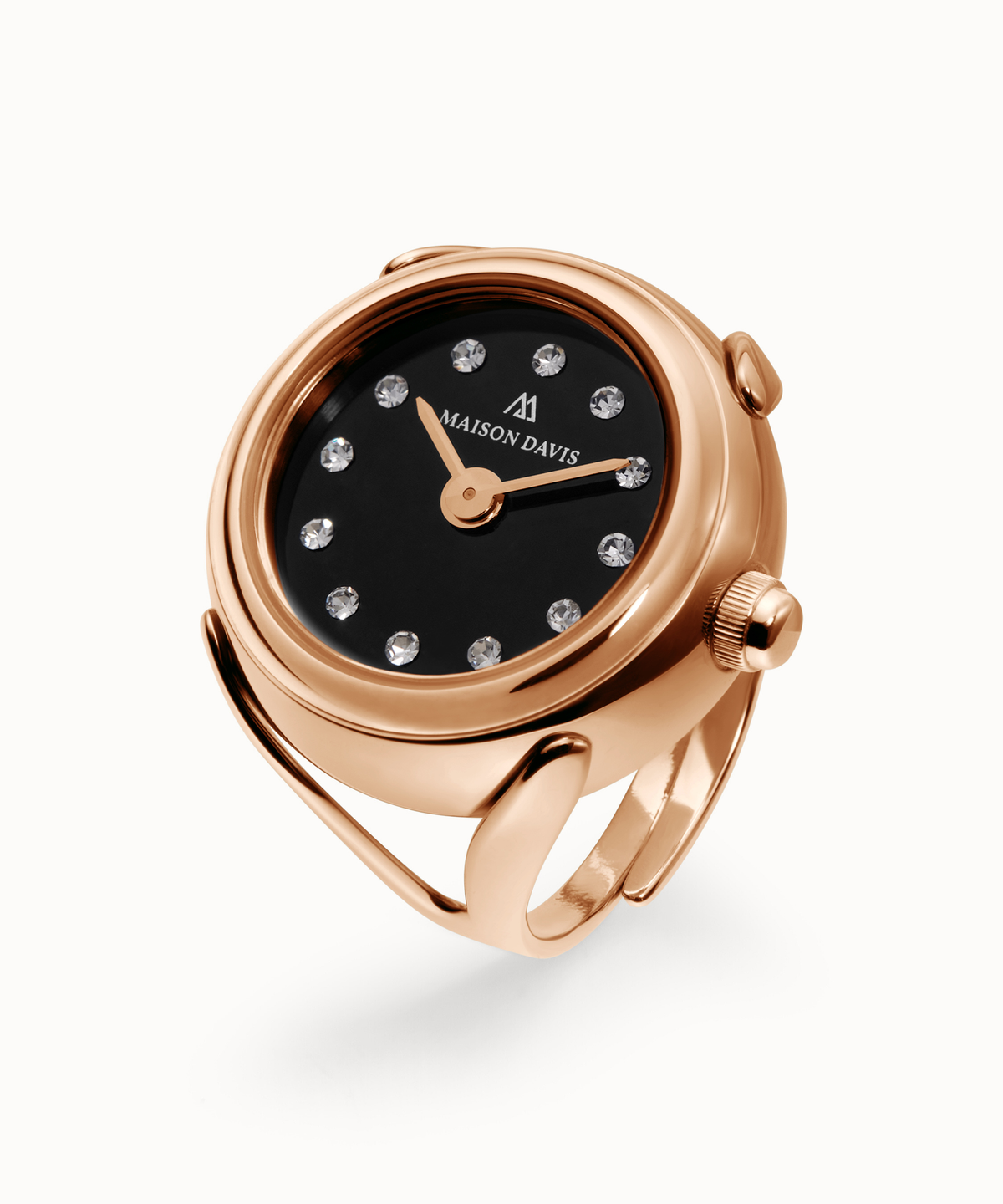Ring watch Maison Davis in rose gold with black onyx dial, crystal markers, Swiss made.