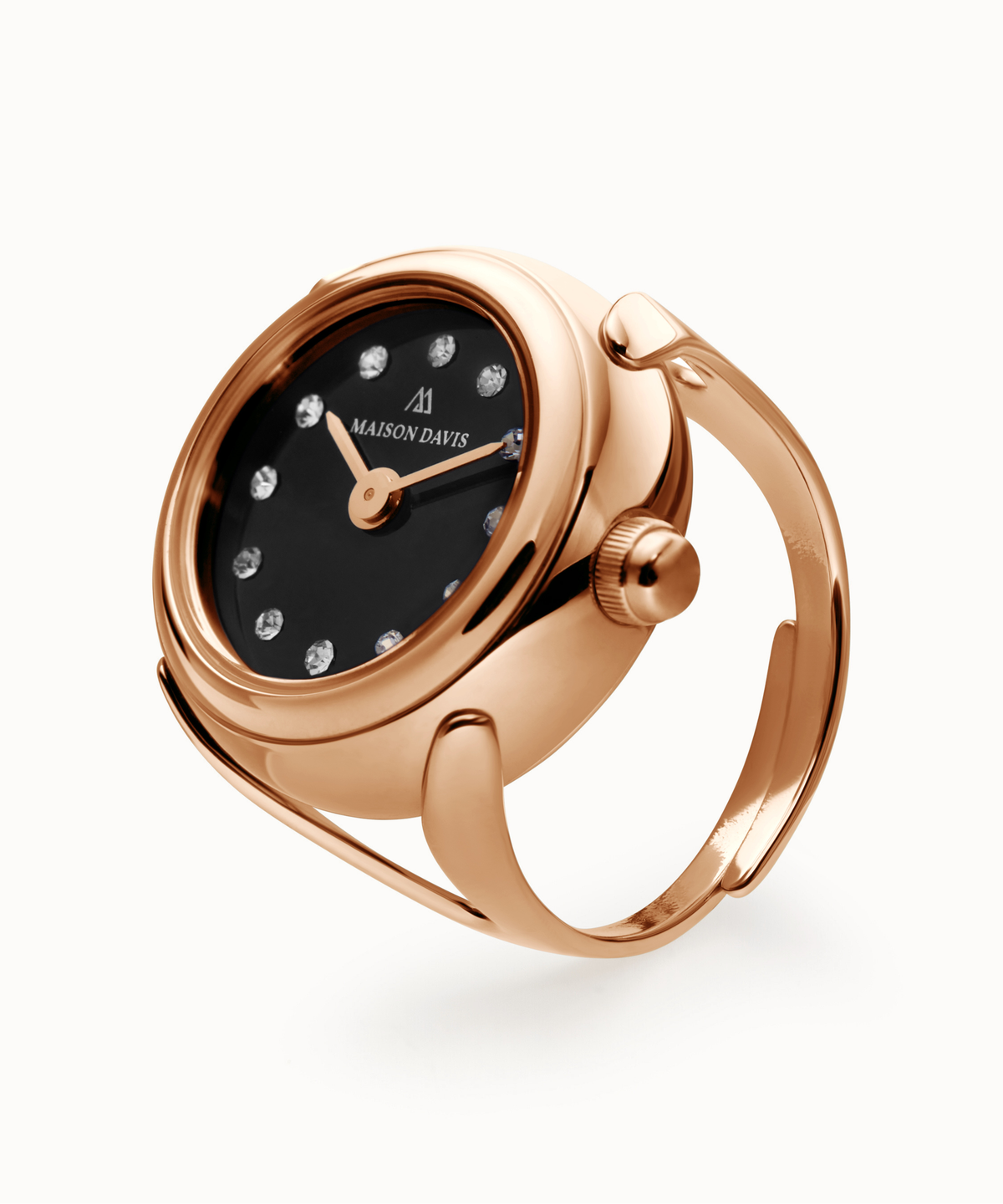 Ring watch Maison Davis in rose gold with black onyx dial, crystal markers, Swiss made.