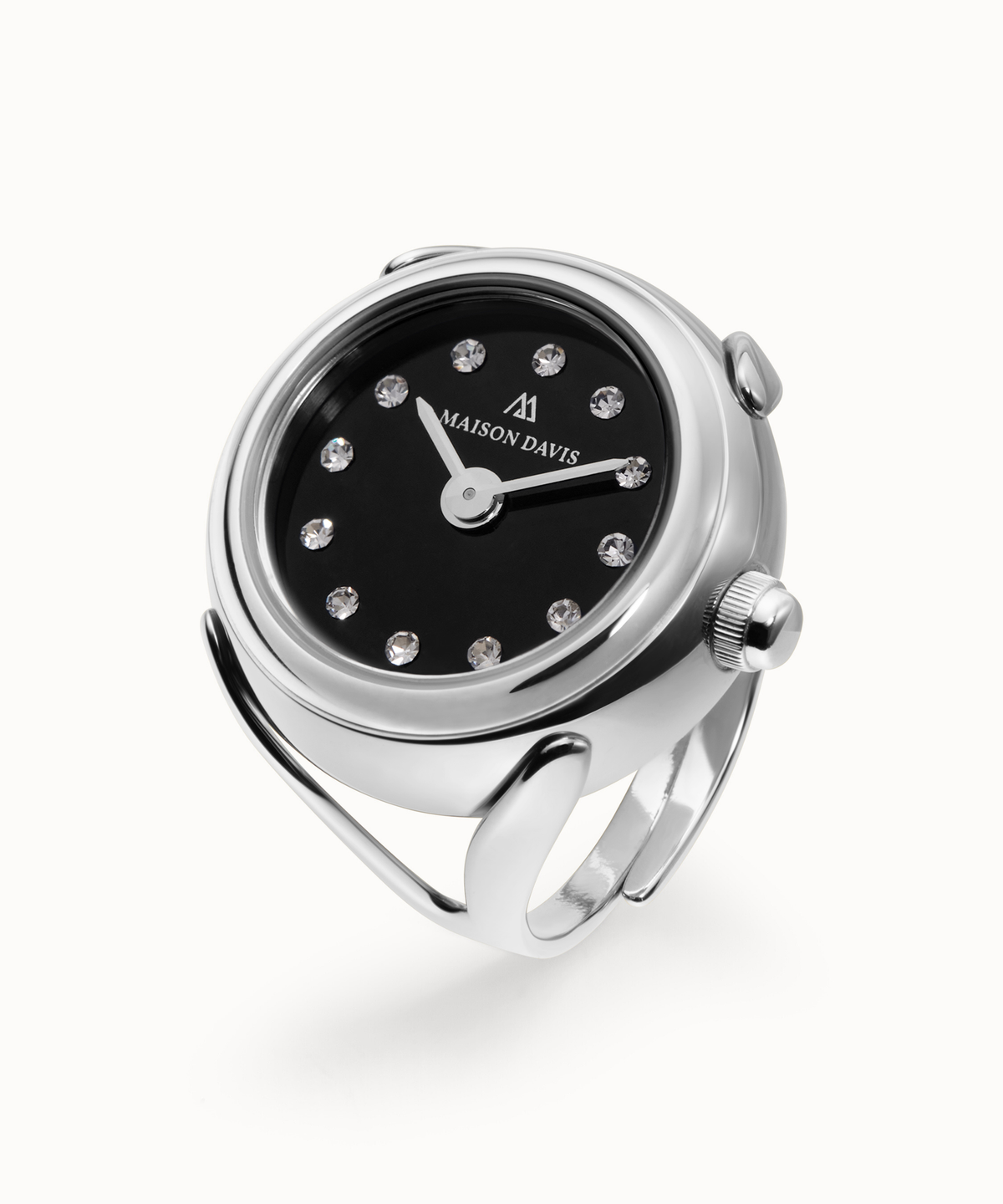 Ring watch Maison Davis in silver with black onyx dial, crystal markers, Swiss made.