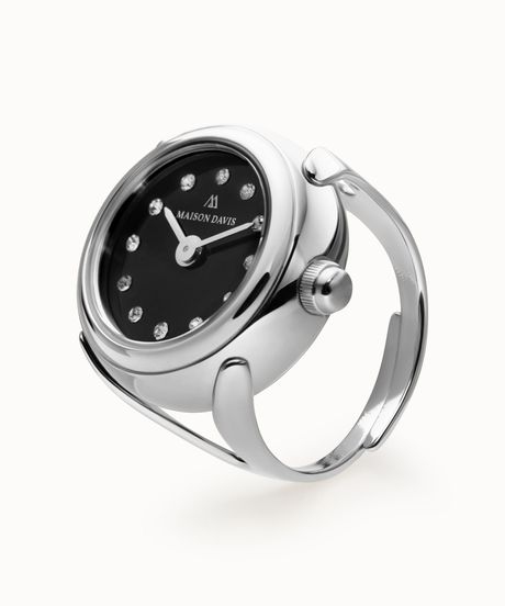 Ring watch Maison Davis in silver with black onyx dial, crystal markers, Swiss made.