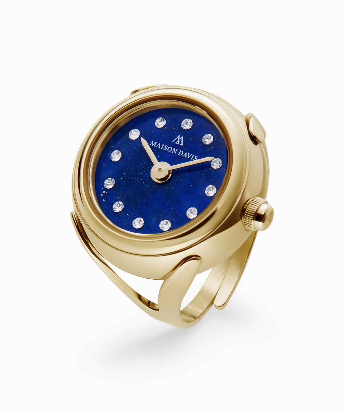 Ring watch Maison Davis in yellow gold with blue lapis lazuli dial, crystal markers, Swiss made.