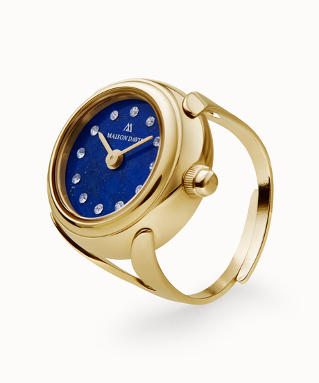 Ring watch Maison Davis in yellow gold with blue lapis lazuli dial, crystal markers, Swiss made.
