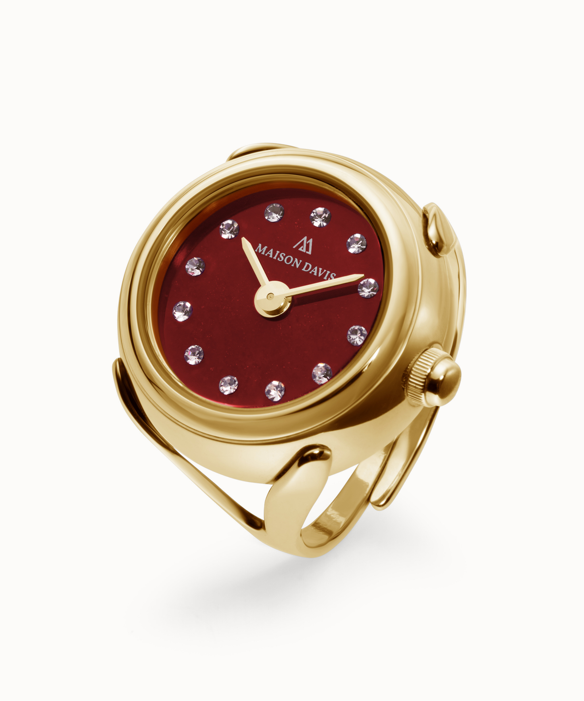 Ring watch Maison Davis in gold with red jasper dial, crystal markers, Swiss made.