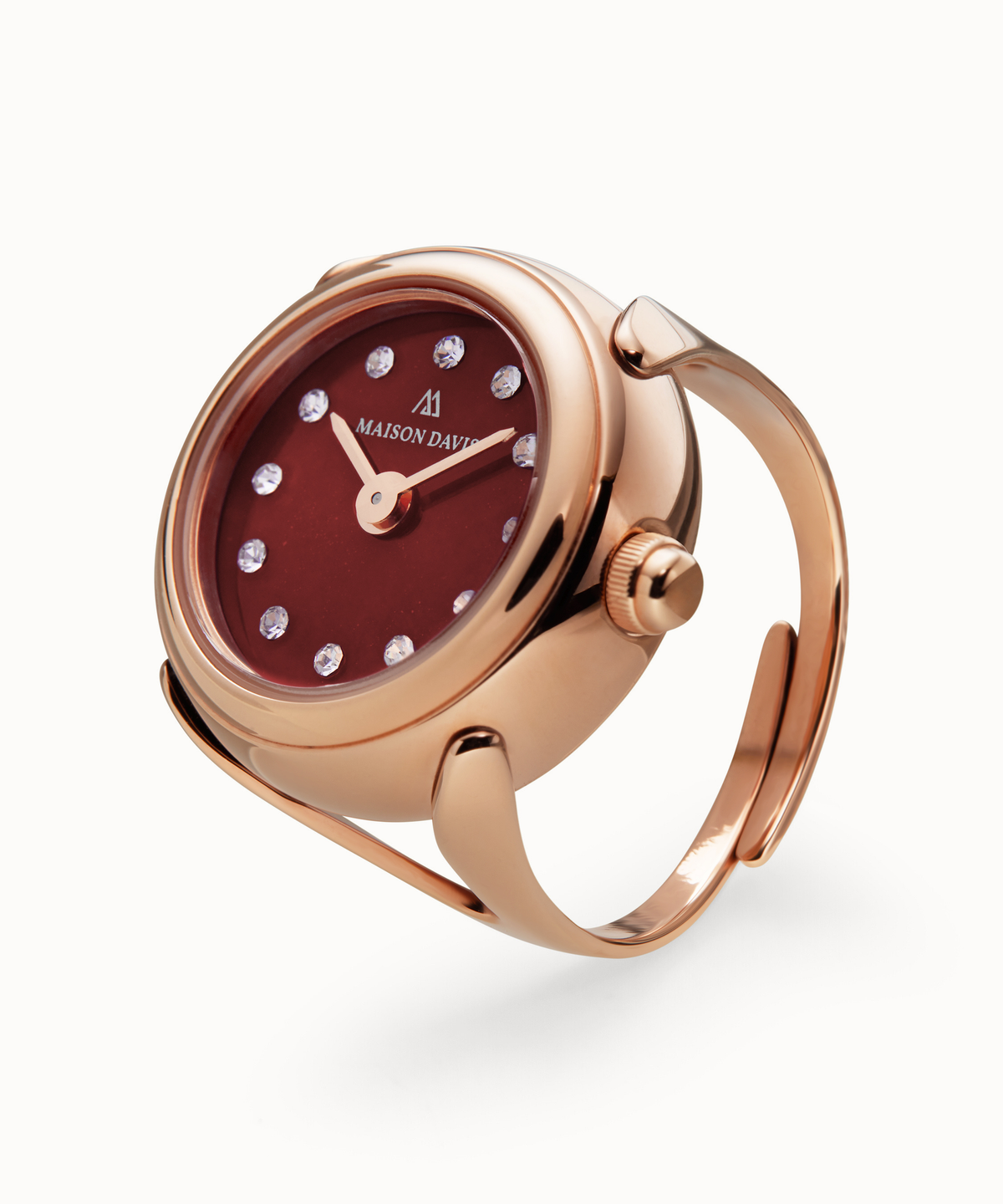 Ring watch Maison Davis in rose gold with red jasper dial, crystal markers, Swiss made.