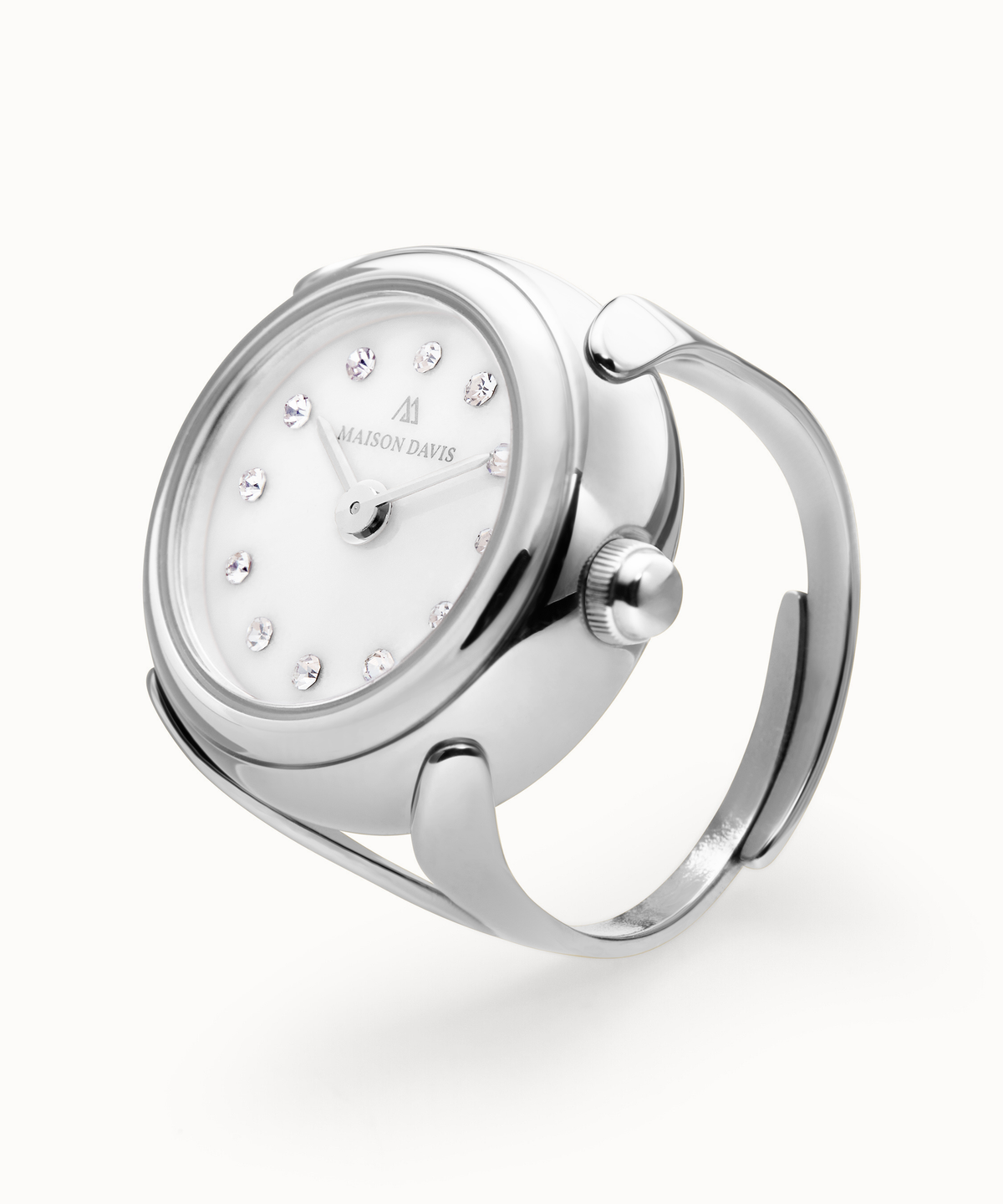 Ring watch Maison Davis in stainless steel with white jade dial, crystal markers, Swiss made.