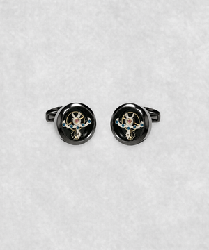 Black-coated tourbillon cufflinks – luxury watch-inspired design with moving flywheel and blue screw details