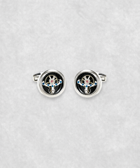 chrome-plated tourbillon cufflinks with moving flywheel – luxury watch-inspired cufflinks with blue screw details