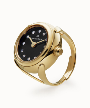 Ring watch Maison Davis in yellow gold with black onyx dial, crystal markers, Swiss made.