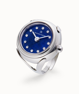 Ring watch Maison Davis in silver with blue lapis lazuli dial, crystal markers, Swiss made.