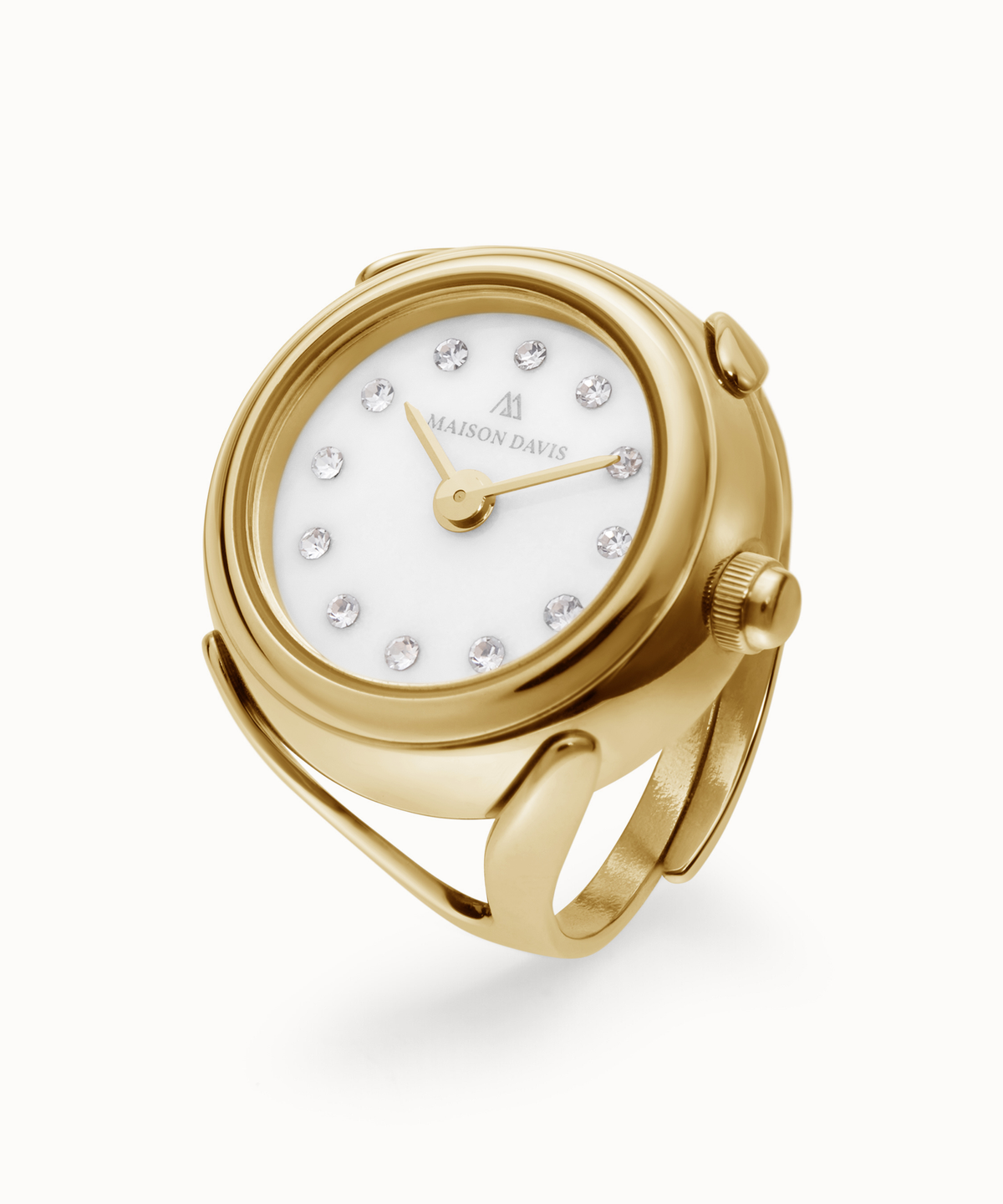 Ring watch Maison Davis in yellow gold with white jade dial, crystal markers, Swiss made.