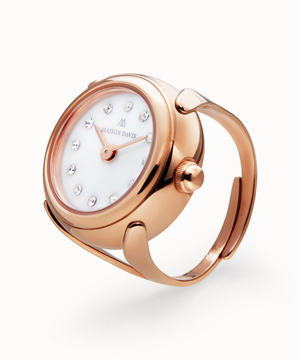 Ring watch Maison Davis in rose gold with white jade dial, crystal markers, Swiss made.