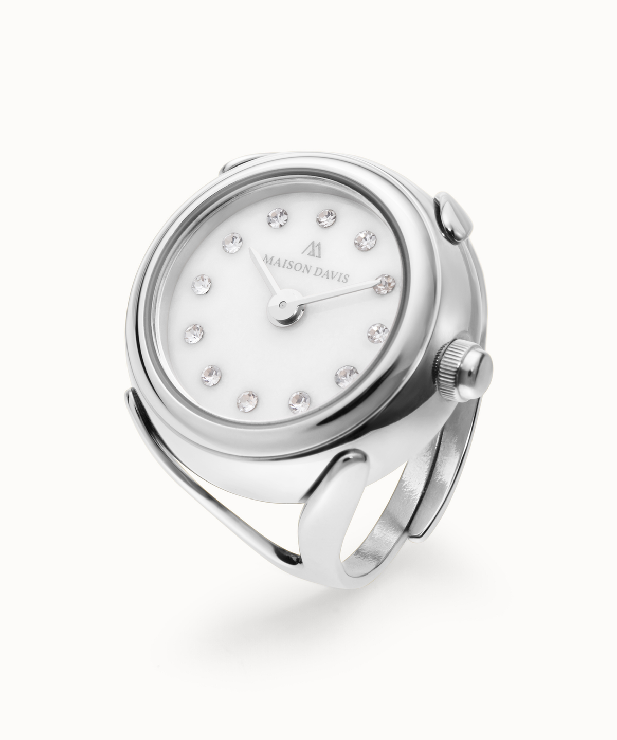 Ring watch Maison Davis in stainless steel with white jade dial, crystal markers, Swiss made.